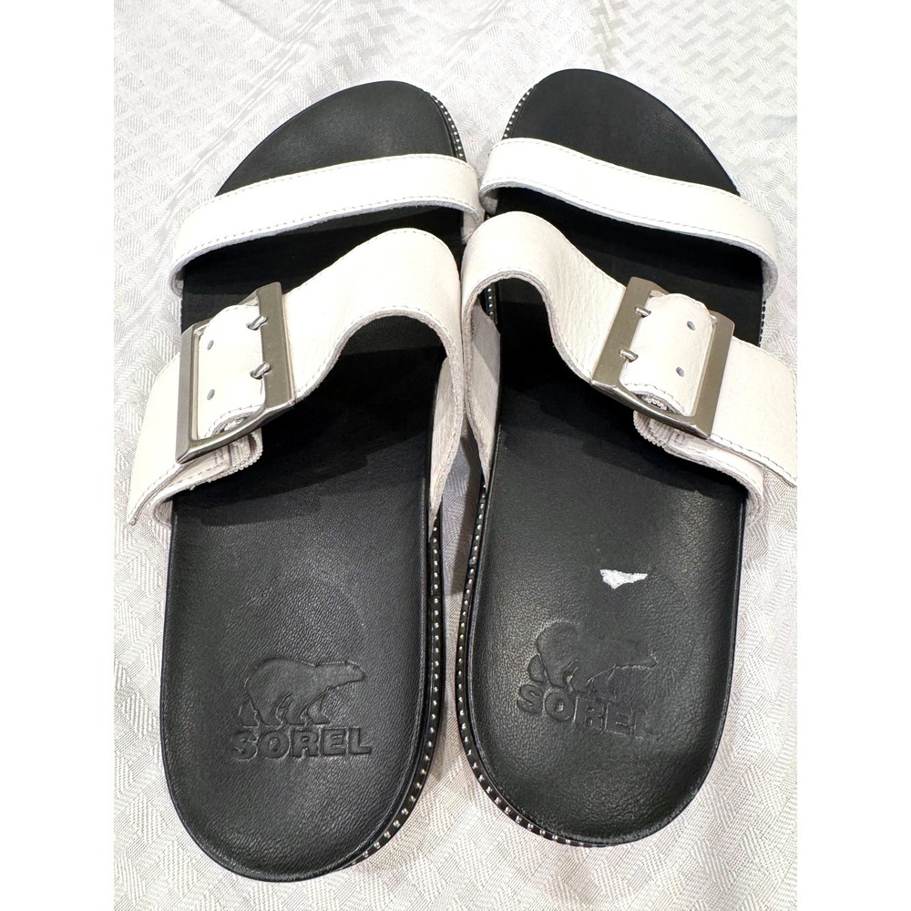 Sorel Women's Leather Slide Sandals White Black Buckle Platform Stud Trim Sz 9.5